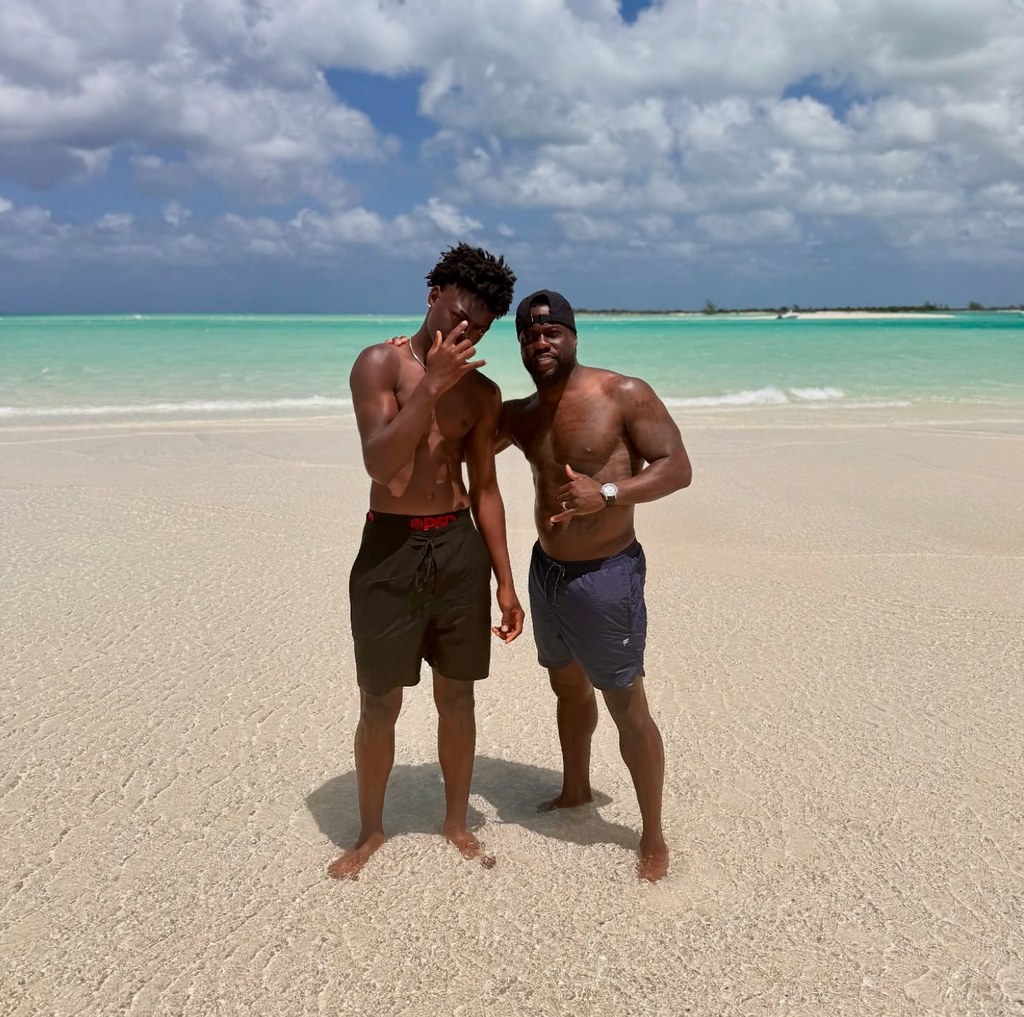 Photo shared by Kevin Hart on Instagram at the beach with his son Hendrix, who is towering over him