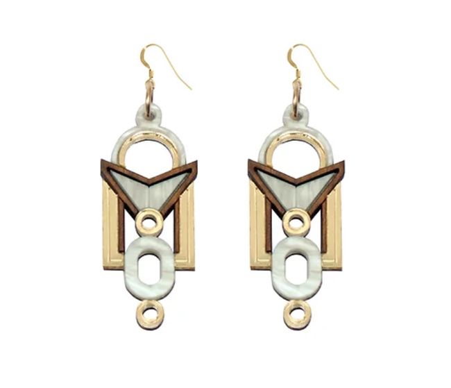 acrylic, gold and wood geometric earrings