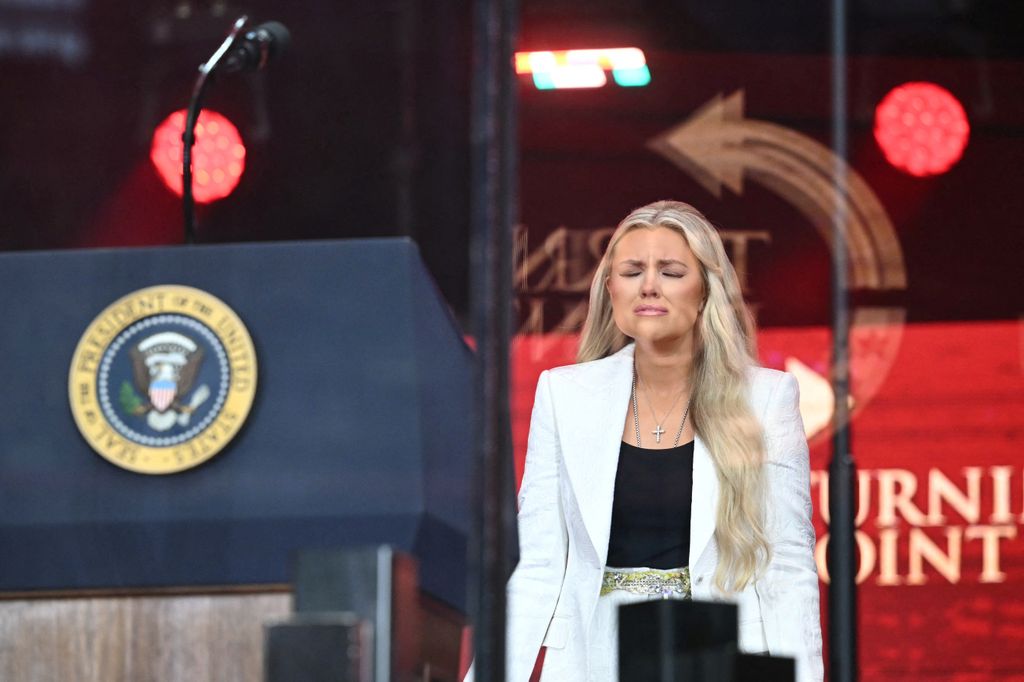 Erika Kirk, Charlie Kirk's widow, arrives to speak at the public memorial service for right-wing activist Charlie Kirk at State Farm Stadium in Glendale, Arizona, on September 21, 2025.
