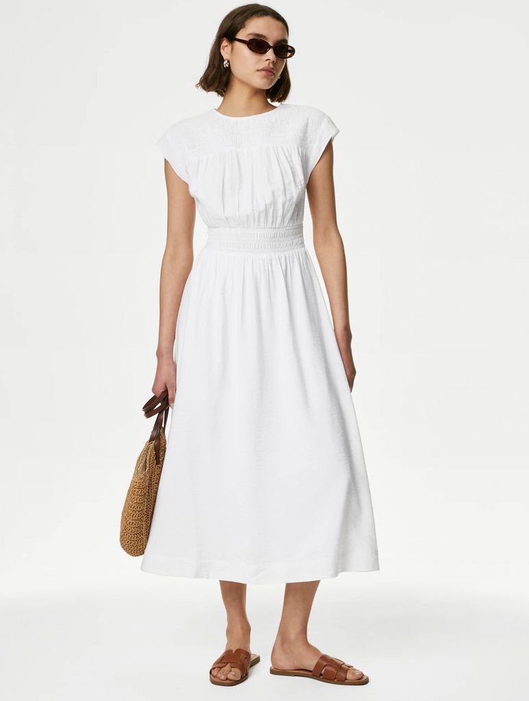 Marks and Spencer White Ruched Midi Waisted Dress