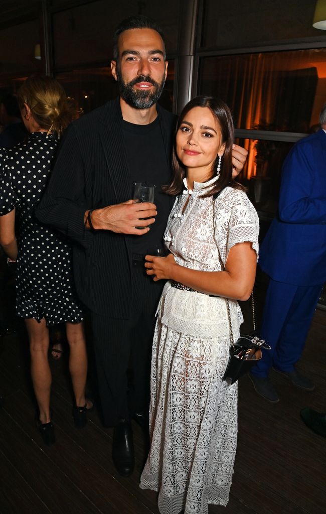 Jamie Childs and Jenna Coleman attend the ATG Summer Party hosted by Ambassador Theatre Group CEO Mark Cornell In Honour of Sarah Jessica Parker & Matthew Broderick at Kensington Palace on September 13, 2023 in London, England