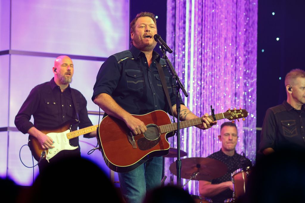 In this image released on December 20, 2025,  Blake Shelton performs onstage during the 28th Family Film and TV Awards at Associated Television Int'l Studios in Burbank, California.