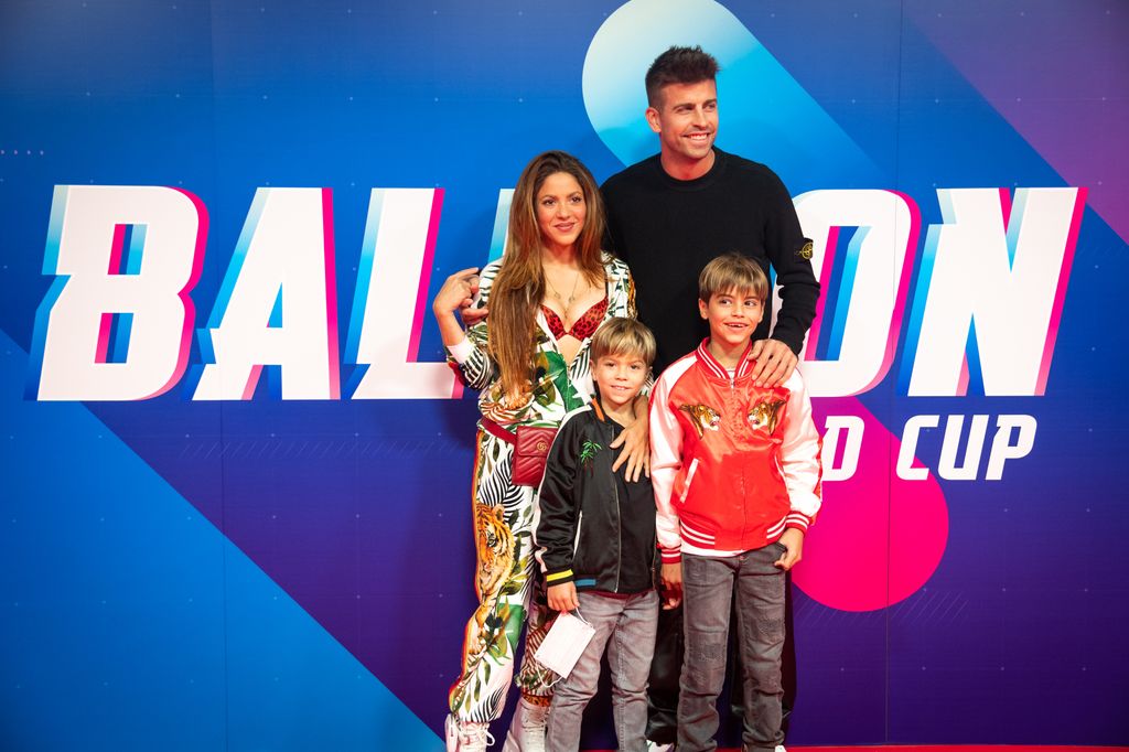 Shakira, Gerard Pique and his sons posing at the balloons world cup on October 14, 2021 in Tarragona, Spain