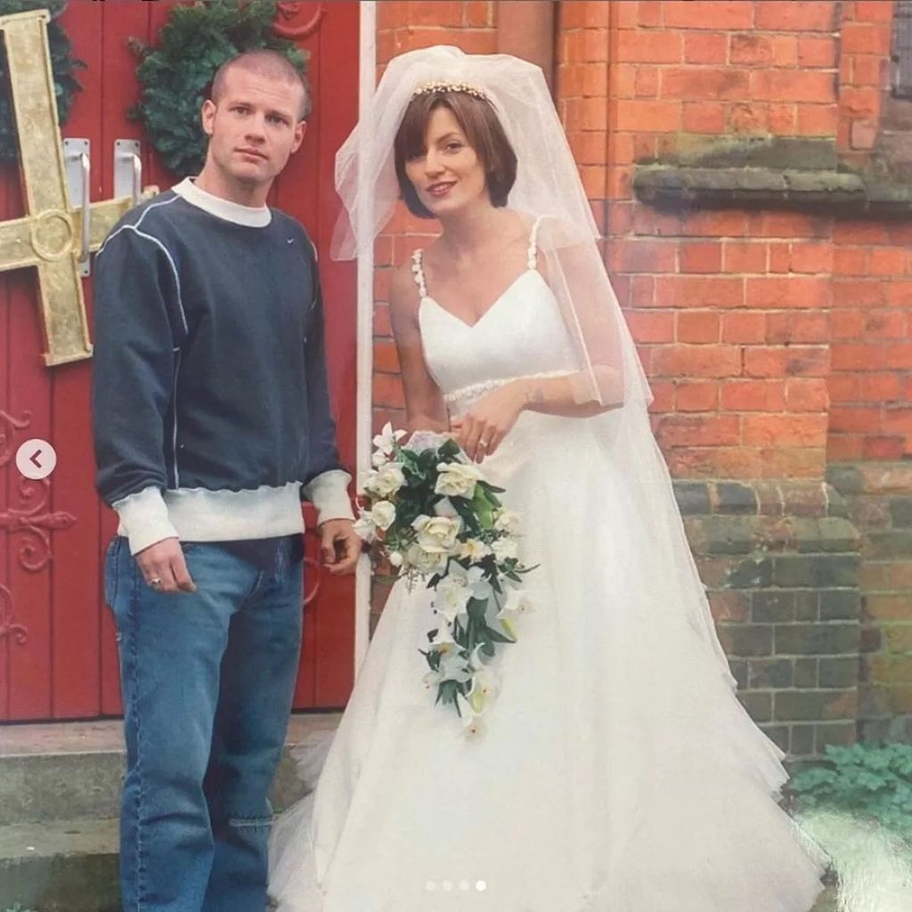 Davina McCall and Dermot O'Leary in the 90s with Davina wearing a wedding dress