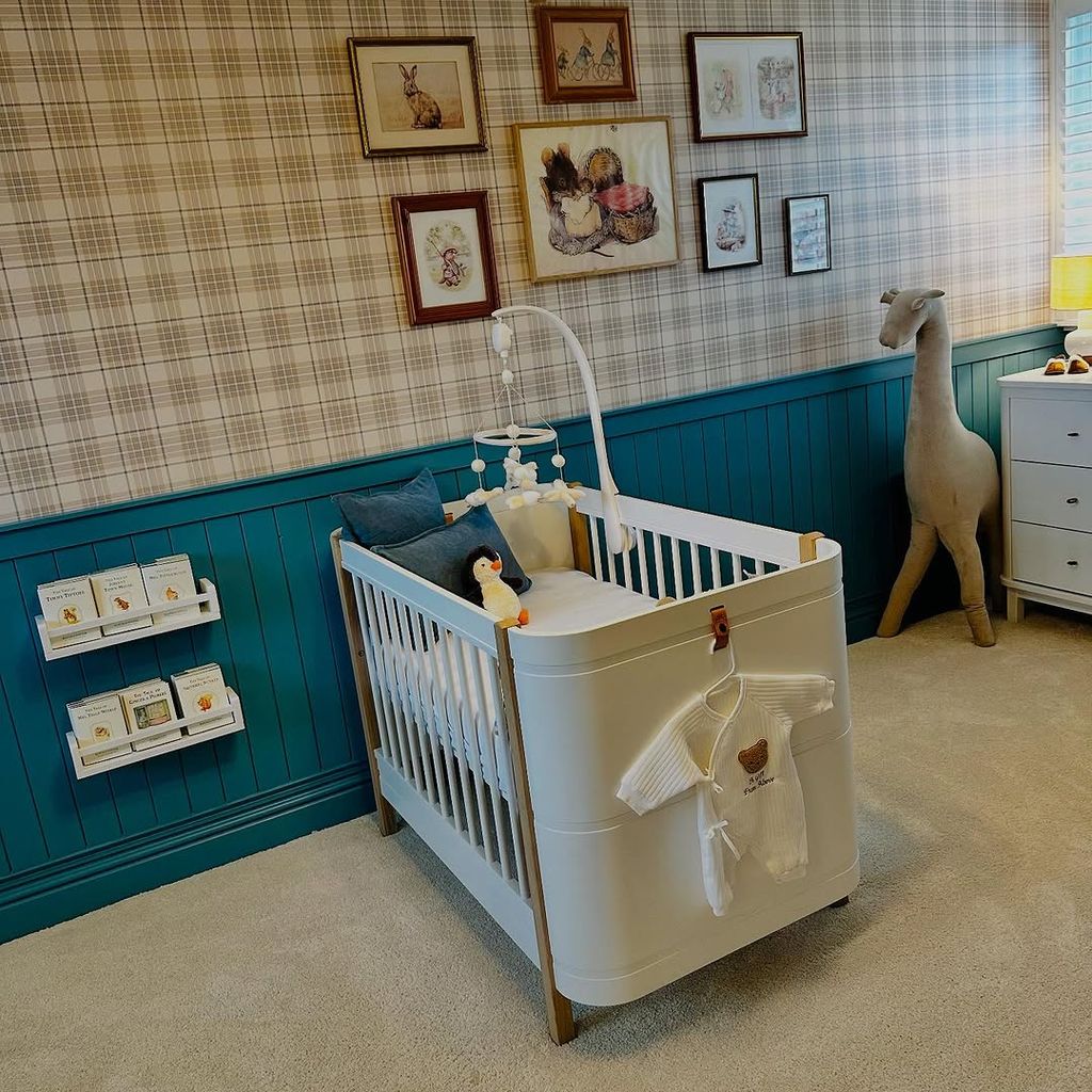 Mrs Hinch's cot in the blue and brown nursery