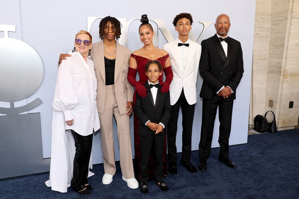 Alicia Keys with her sons and parents attend the 77th Annual Tony Awards at David H. Koch Theater at Lincoln Center on June 16, 2024 in New York City