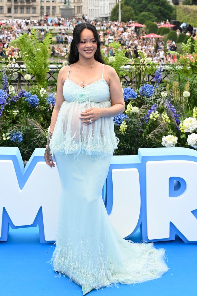 Rihanna on the red carpet in pale blue top and maxi skirt