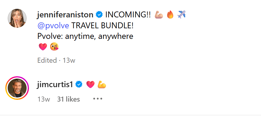 Jim Curtis' comment on Jennifer Aniston's Instagram page