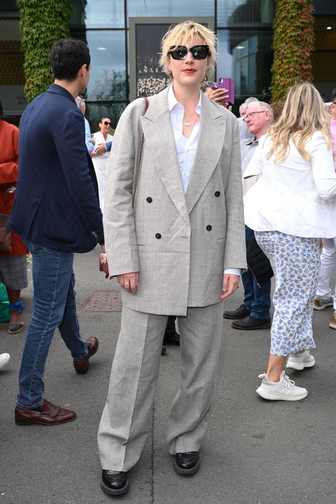 Greta Gerwig grey suit