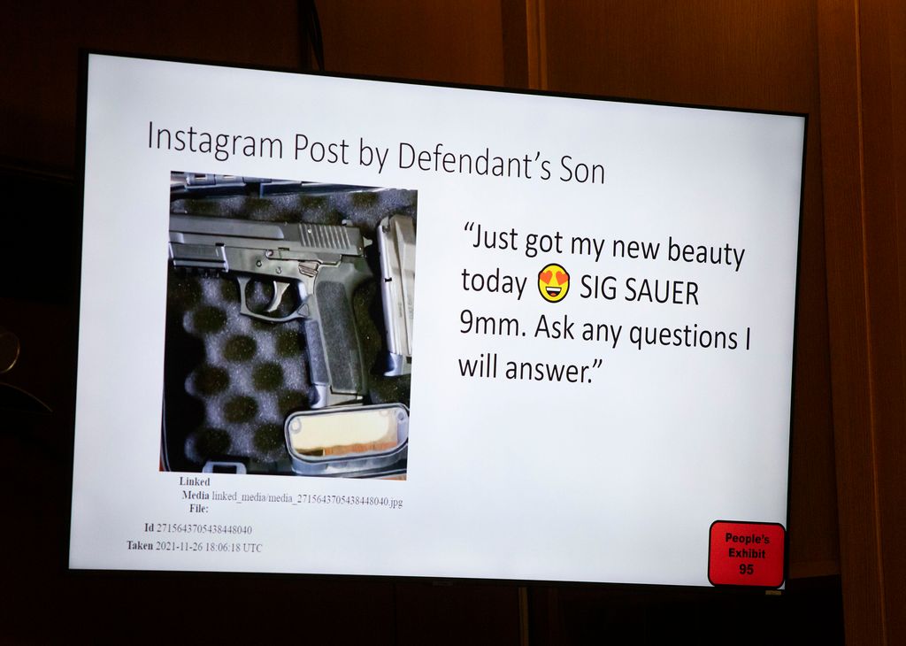 An Instagram post by Oxford High School shooter Ethan Crumbley is shown during the trial of his father James Crumbley on four counts of involuntary manslaughter for the deaths of four Oxford High School students who were shot and killed by his son, on March 7, 2024 at Oakland County Circuit Court in Pontiac, Michigan