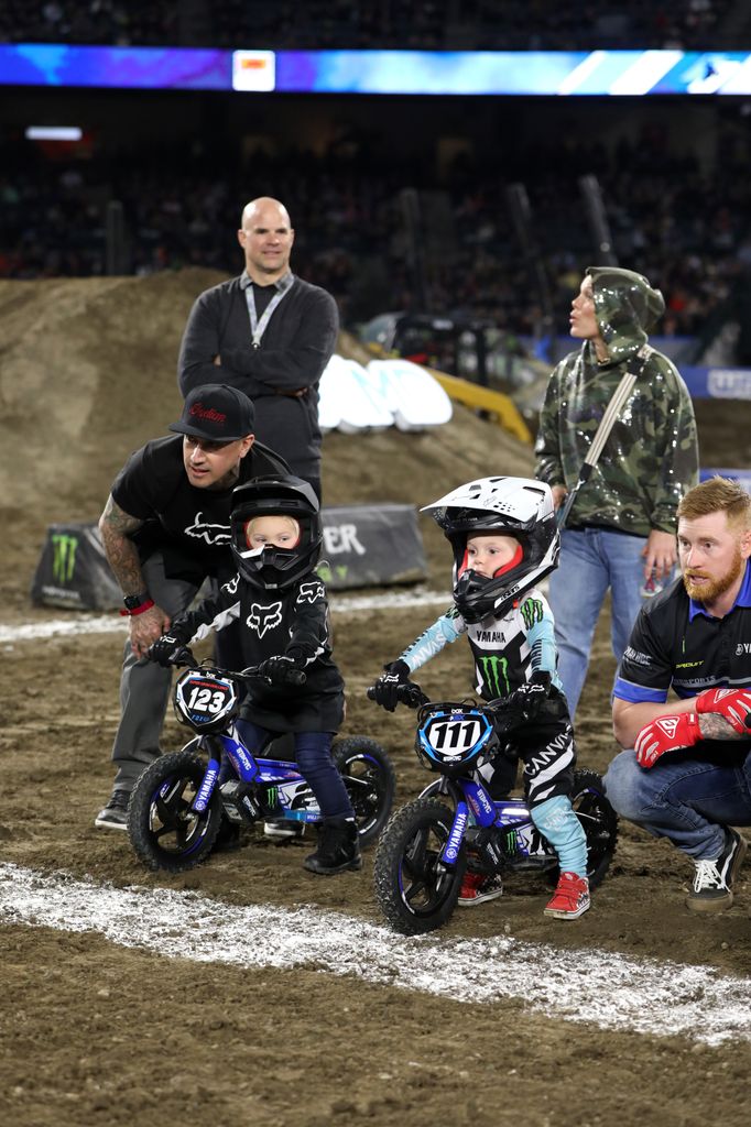 Carey Hart, Jameson Moon Hart and P! NK visit the Monster Energy Supercross VIP event in the Angel Stadium on January 18, 2020 