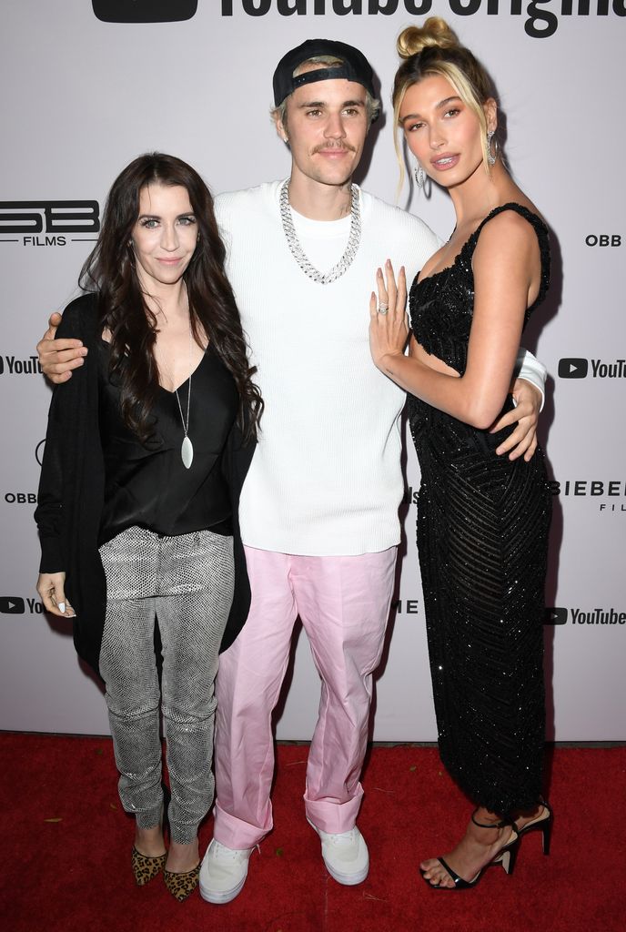 Pattie Mallette, Justin Bieber and Hailey Bieber attend the premiere of YouTube Originals' "Justin Bieber: Seasons" at Regency Bruin Theatre on January 27, 2020 in Los Angeles, California