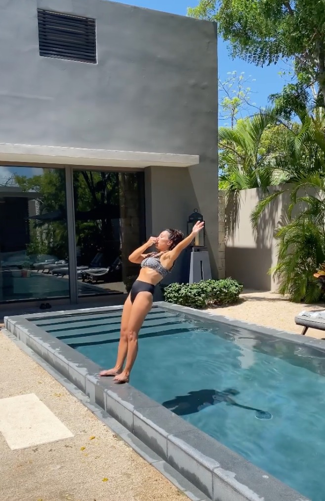 A quick glimpse of a bikini-clad Joanna plunging backwards into a pool on an anniversary vacation went viral.
