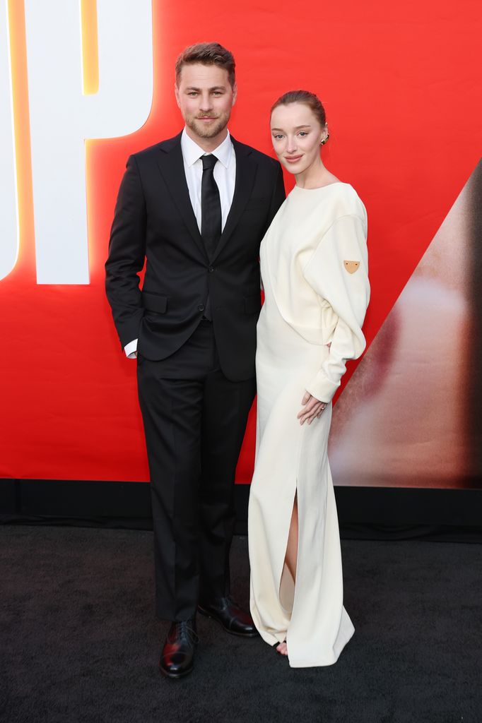 HOLLYWOOD, CALIFORNIA - APRIL 08: (L-R) Cameron Fuller and Phoebe Dynevor attend the premiere of Universal Pictures' "Drop" at TCL Chinese Theatre on April 08, 2025 in Hollywood, California. (Photo by Amy Sussman/Getty Images)