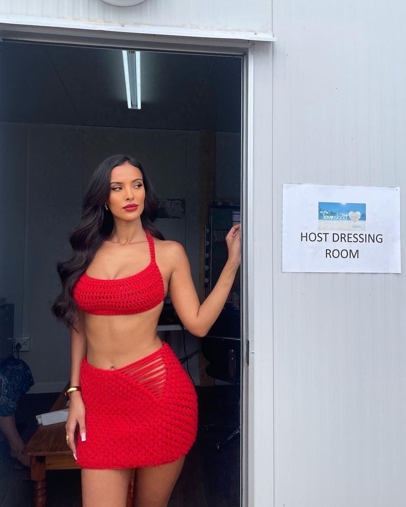 Maya Jama wears a red twin set 