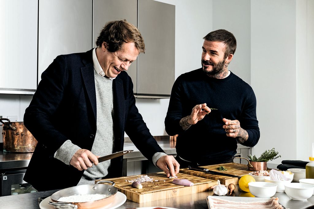 Tom Parker Bowles and Sir David Beckham photographed at Claridge's Hotel, London, cooking Sir David's Favourite Recipe