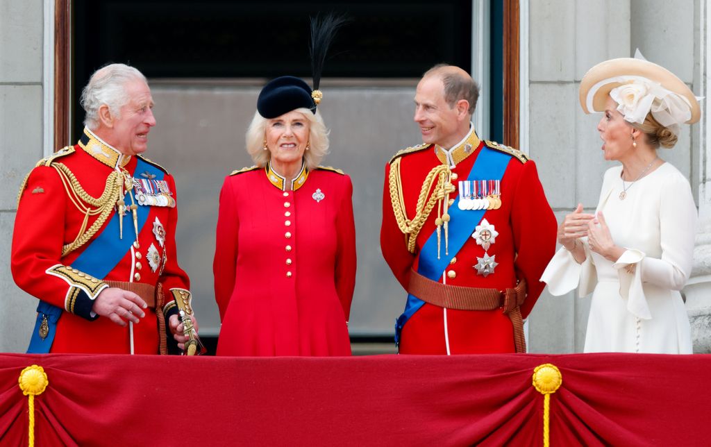 King Charles, Queen Camilla and Prince Edward on balcony of Buckingham Palace