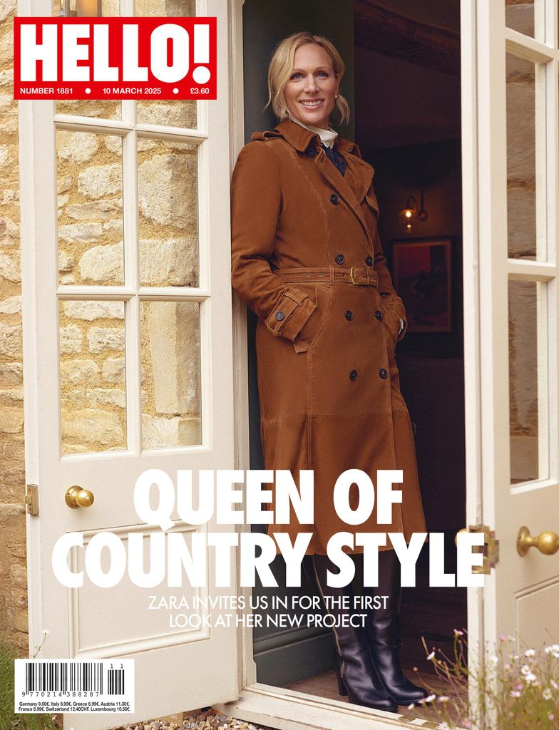 Hello Magazine cover with Zara Tindall at country house wearing a brown coat