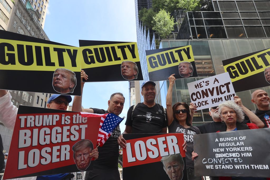 Anti-Trump protesters gather in front of Trump Tower in Manhattan as the former president hold a news conference on the hush money verdict in New York City, United States on May 31, 2024
