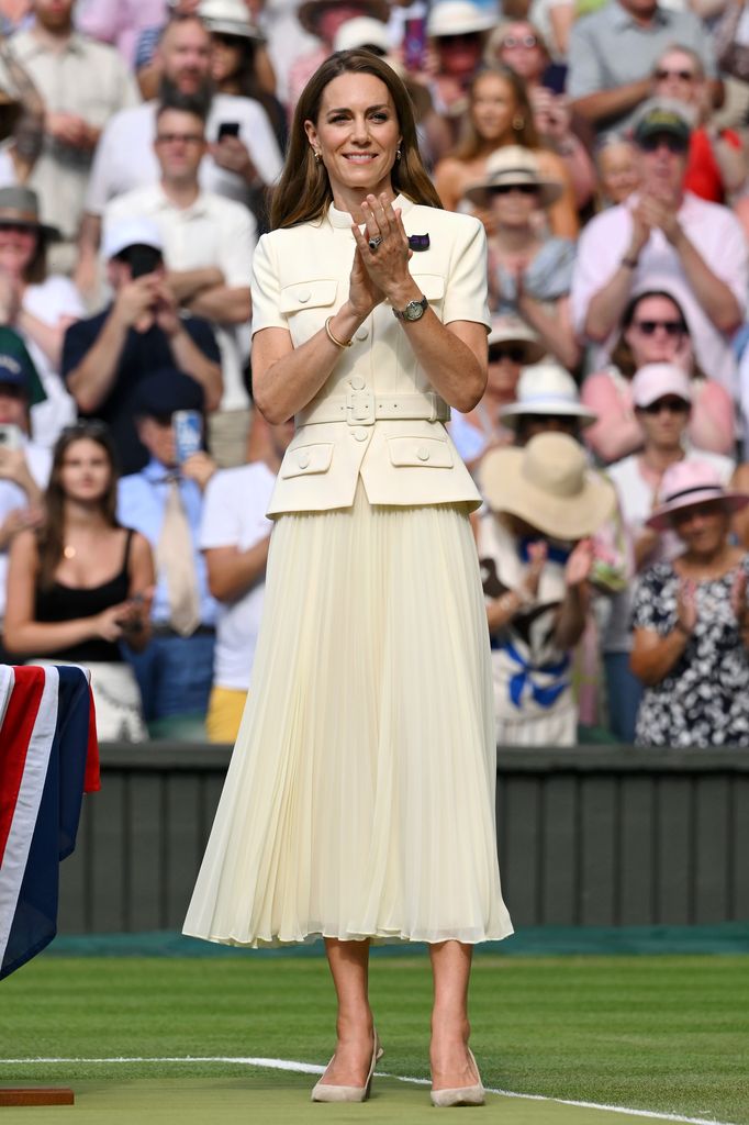 Catherine, Princess of Wales attends day thirteen of the Wimbledon Tennis Championships at the All England Lawn Tennis and Croquet Club at All England Lawn Tennis and Croquet Club on July 12, 2025 in London, England.