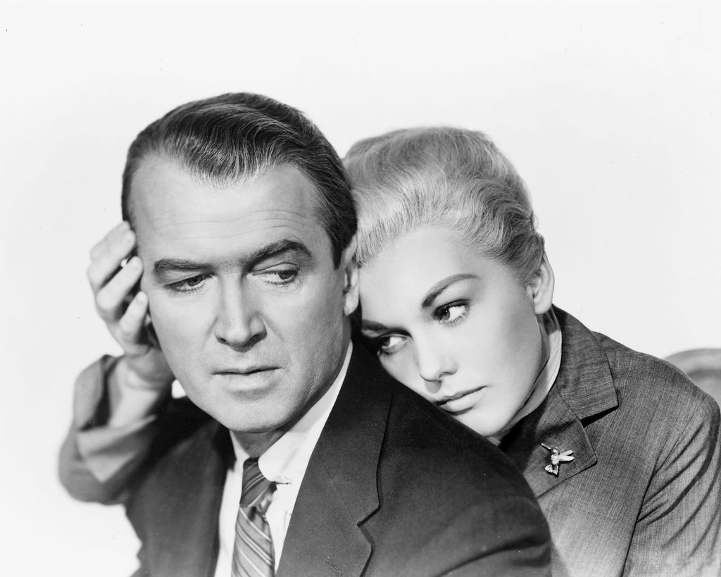 Actors James Stewart as Detective John 'Scottie' Ferguson and Kim Novak as Madeleine Elster in a publicity still for the film 'Vertigo', directed by Alfred Hitchcock, 1958.