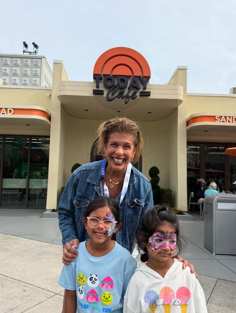 Photo shared by Hoda Kotb February 2025 of a trip to Universal Studios with her daughters Haley and Hope