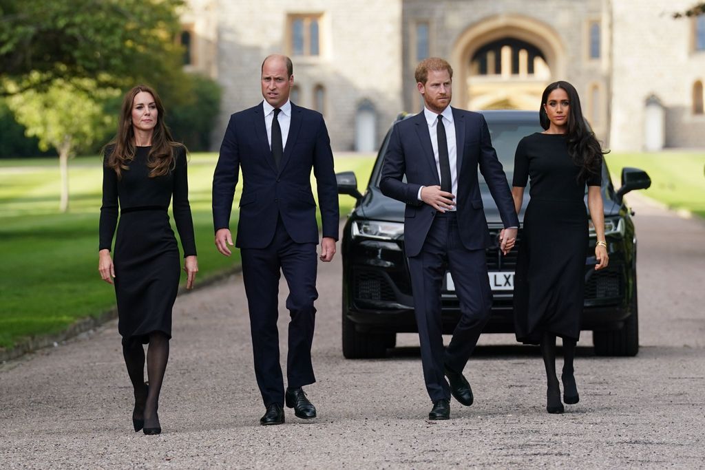The Princess of Wales, Prince William, Prince Harry and Meghan, on the long Walk at Windsor Castle 