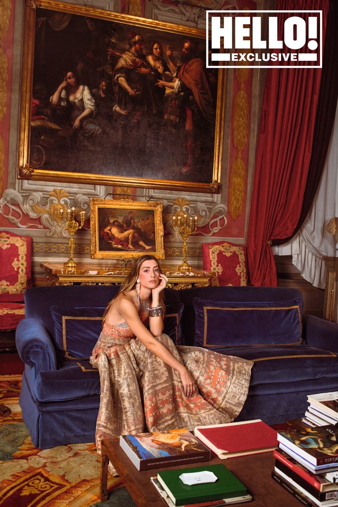 Giorgina on the blue velvet sofas in The Palazzo Spinola in Genoa 