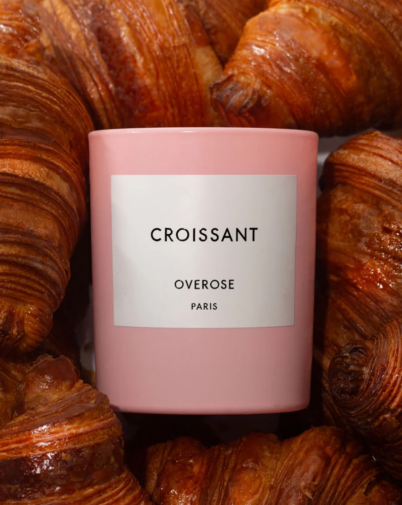 Overose Croissant candle photographed infront of real croissant's