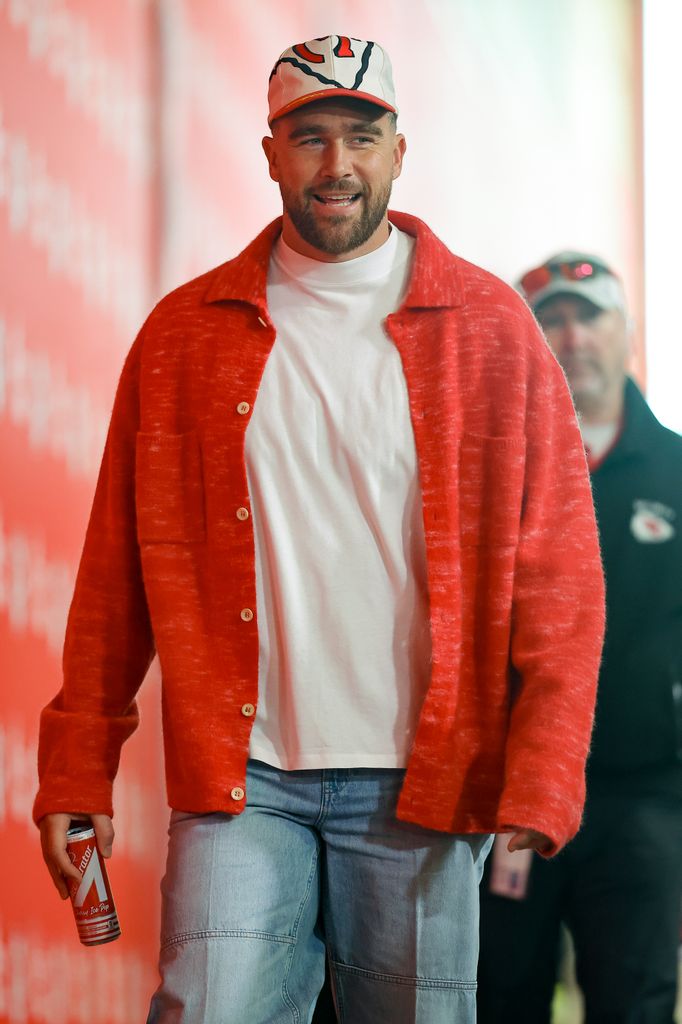 Travis Kelce #87 of the Kansas City Chiefs walks into the stadium at GEHA Field at Arrowhead Stadium prior to the game against the Denver Broncos on November 10, 2024 in Kansas City, Missouri.