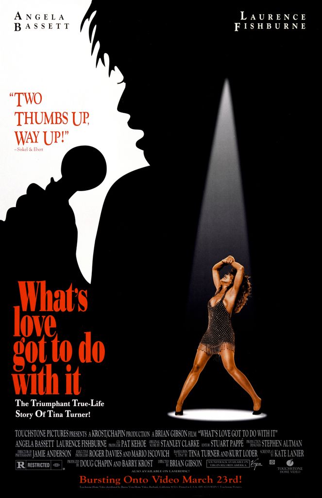 One sheet film poster advertising 'What's Love Got to Do With It' (Touchstone Pictures) starring Laurence Fishburne and Angela Bassett as Ike and Tina Turner, 1993