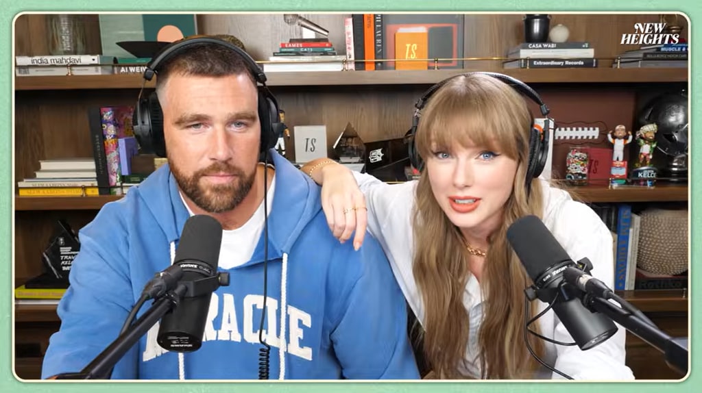 Taylor Swift and Travis Kelce on the New Heights podcast
