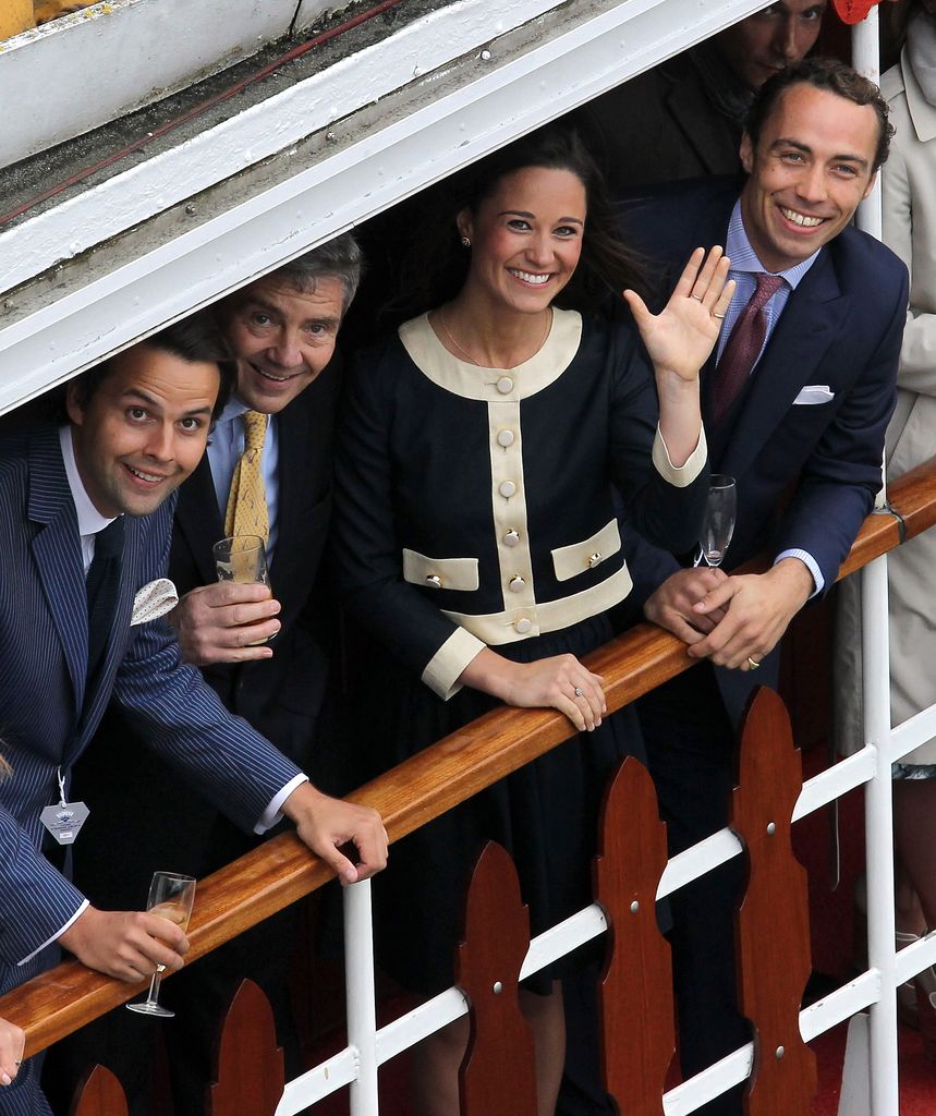 Michael, Pippa and James Middleton wave  during the Diamond Jubilee Thames River Pagean