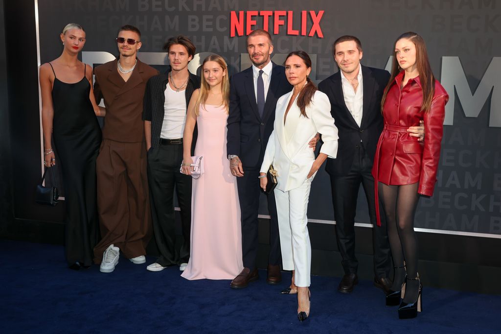 LONDON, ENGLAND - OCTOBER 03: (L to R) Mia Regan, Romeo Beckham, Cruz Beckham, Harper Beckham, David Beckham, Victoria Beckham, Brooklyn Beckham and Nicola Peltz attend the UK Premiere of "Beckham" at The Curzon Mayfair on October 3, 2023 in London, England. (Photo by Hoda Davaine/Dave Benett/WireImage)