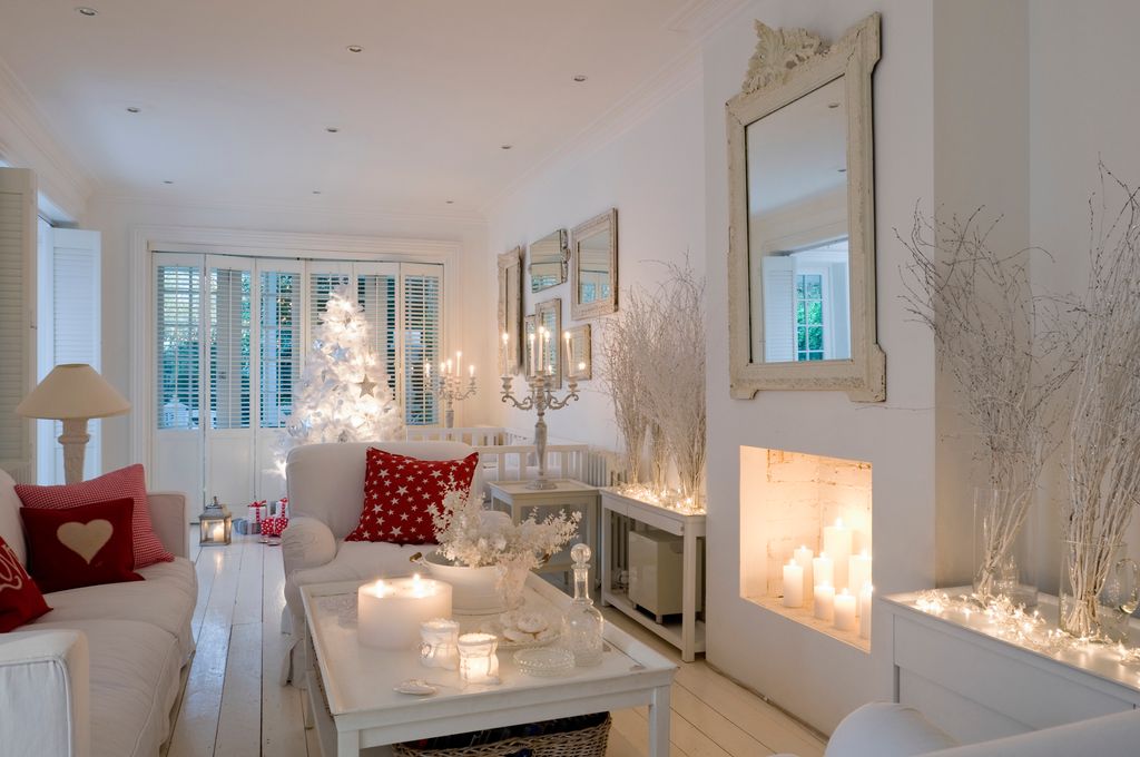 London home decorated for Christmas in white and red