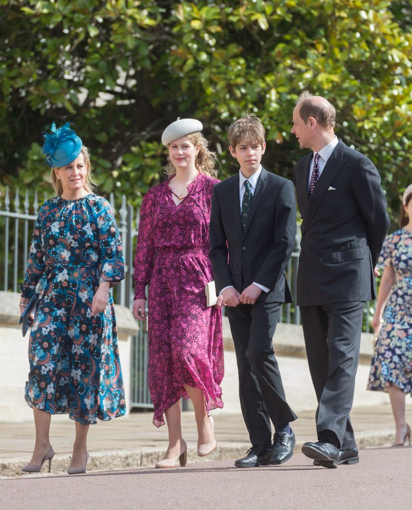 Lady Louise Windsor arriving at church with parents and brother