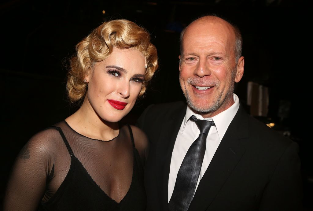 Rumer Willis and father Bruce Willis pose backstage as Rumer makes her broadway debut as "Roxie Hart" in Broadway's "Chicago"
