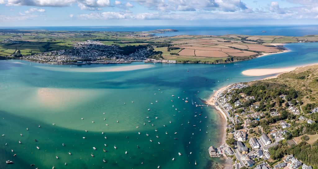 Aerial panorama view of the town and beach of Padstow