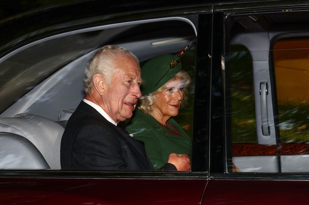 King Charles III and Queen Camilla arrive by car at Crathie Kirk to attend the church service on September 08, 2024 in Crathie, Aberdeenshire. This Sunday marks the second anniversary of the death of the UK's longest reigning monarch, Queen Elizabeth II.