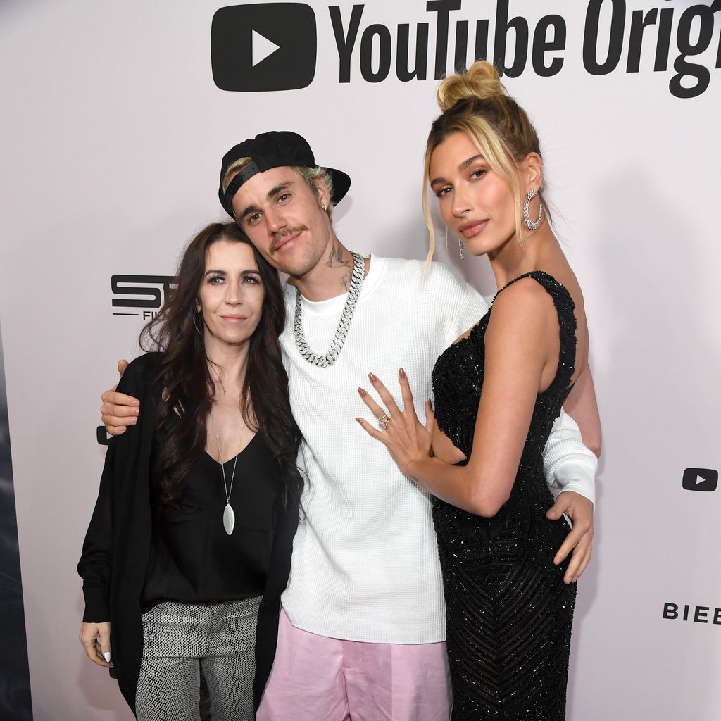 Pattie Mallette, Justin Bieber and Hailey Rhode Bieber attend YouTube Originals "Justin Bieber: Seasons" premiere at Regency Bruin Theater on January 27, 2020 in Westwood, California