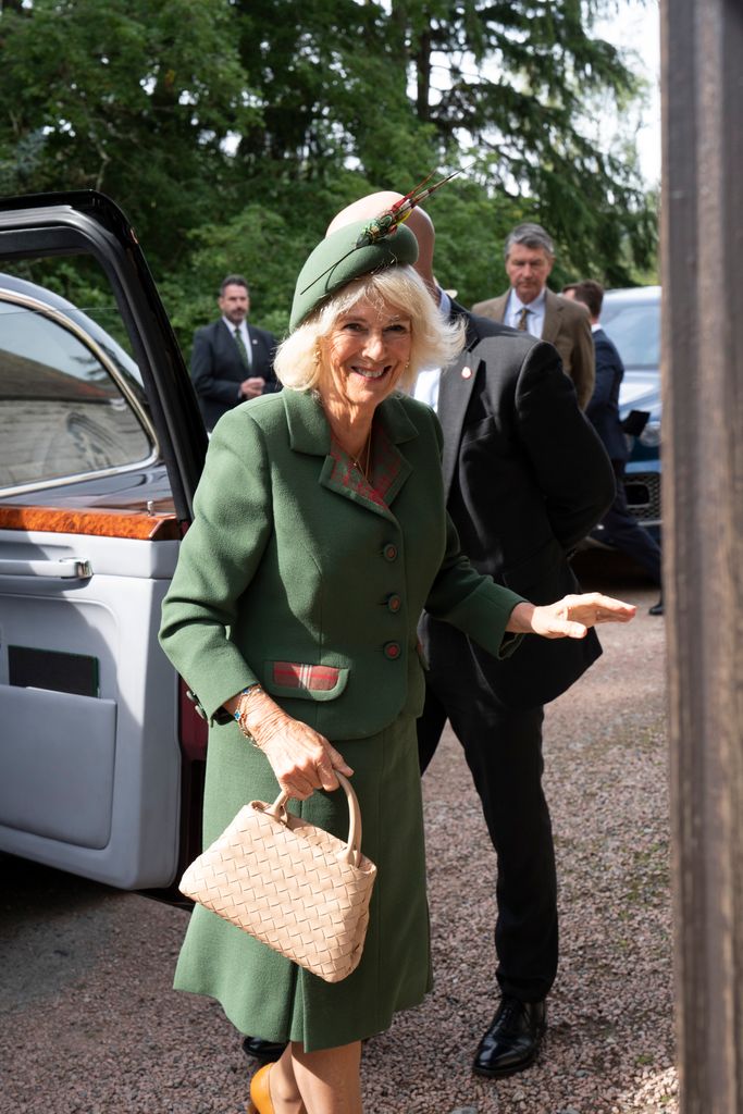Queen Camilla smiling as she walks into church at  Balmoral on September 3, 2023