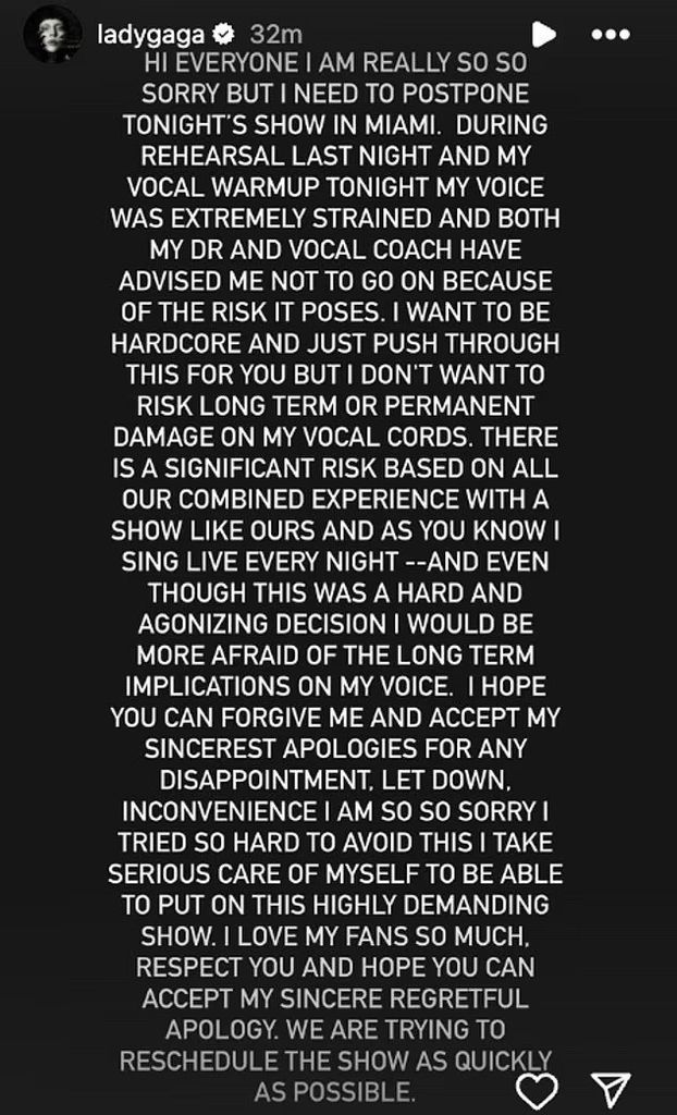 photo of a statement from lady gaga shared on instagram cancelling her miami show on september 3