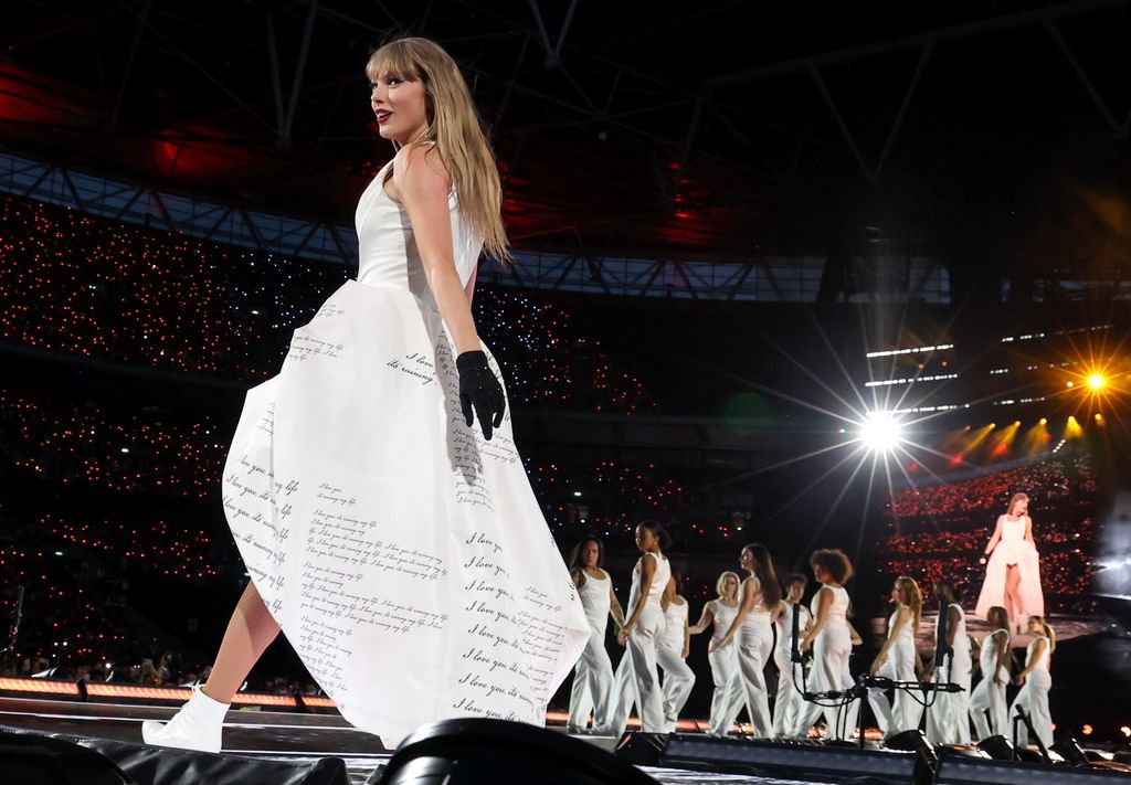 Taylor Swift performs on stage during  "The Eras Tour" at Wembley Stadium
