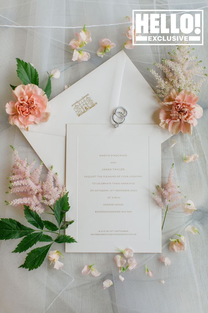 Maeva D'Ascanio and James Taylor wedding order of service and rings forHedsor House Wedding