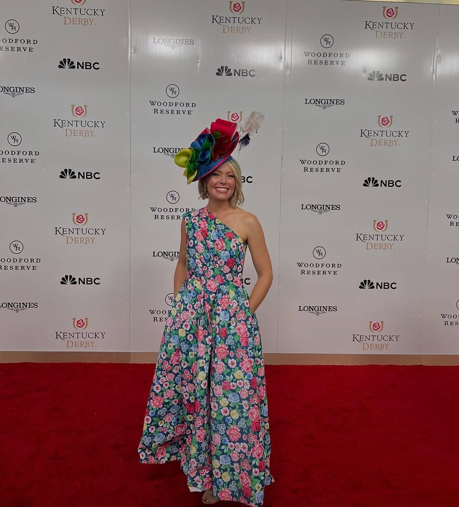 Dylan Dreyer in a multi-colored flower dress and colored fascinator 