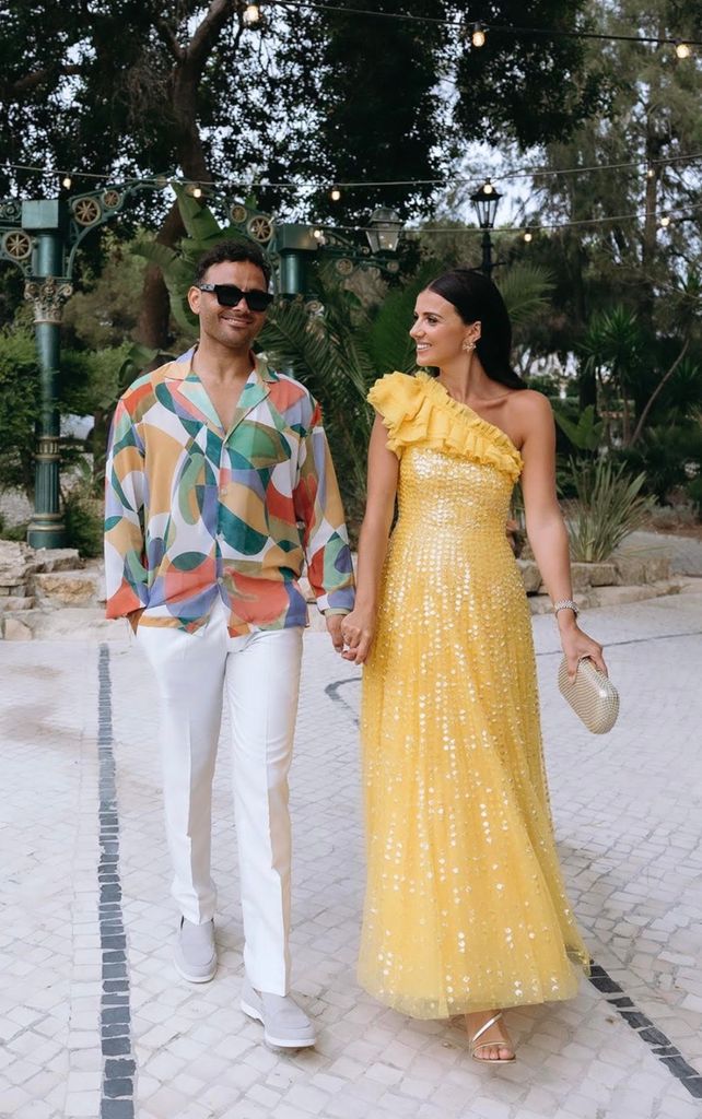 Lucy Mecklenburgh wearing a yellow one shouldered dress from Needle & Thread