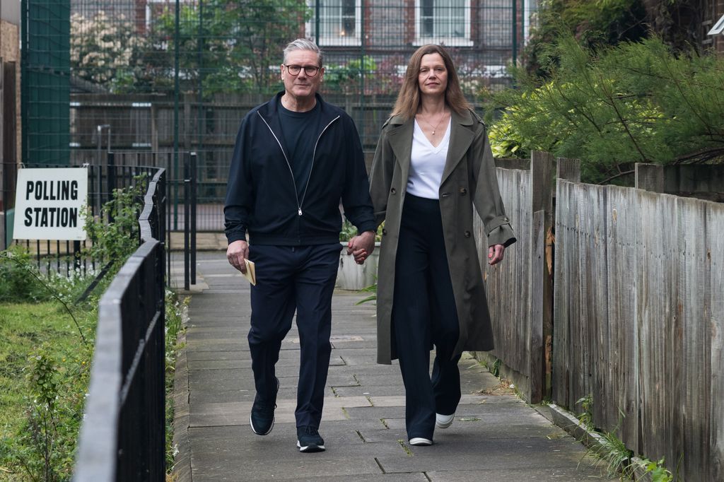 Leader of the Labour Party Sir Keir Starmer and his wife Victoria walk to a polling station to cast their votes in the local elections in London, United Kingdom on May 02, 2024