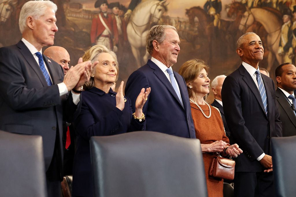 Former U.S. President Bill Clinton, former U.S. Secretary of State Hillary Clinton, former U.S. President George W. Bush, former first lady Laura Bush and former U.S. President Barack Obama arrive to the inauguration of U.S. President-elect Donald Trump in the Rotunda of the U.S. Capitol 