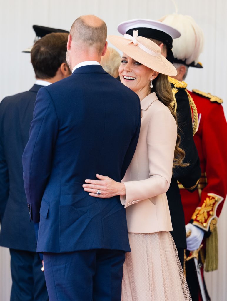 Prince William, Prince of Wales and Catherine, Princess of Wales on the Royal Dais at Datchet Road on July 08, 2025 in Windsor, England. President Emmanuel Macron and Mrs Brigitte Macron visit the UK in the first visit State Visit made by France in 17 years