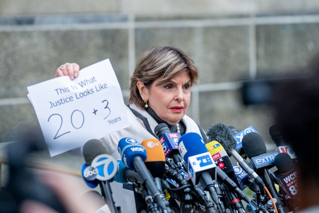 Attorney Gloria Allred holds a sign with the verdict during a media briefing outside the courthouse after movie mogul Harvey Weinstein was sentenced to 23 years in prison on March 11, 2020 in New York City. Weinstein was sentenced to 23 years in prison, 20 on the first-degree criminal sexual act and three years for third-degree rape, with the sentences running consecutively